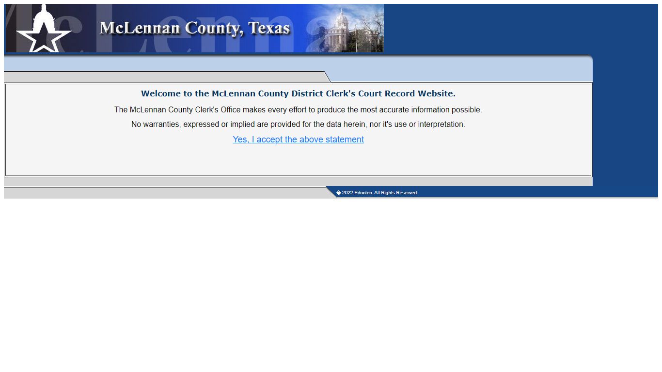 Welcome to the McLennan County District Clerk's Court Record Website.